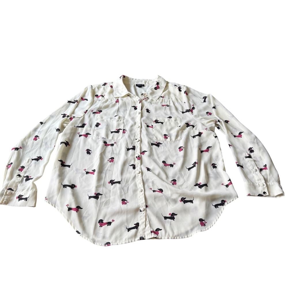 Torrid Womens 2 Plus White Dachshund Dog Print Button Down Blouse Georgette Top